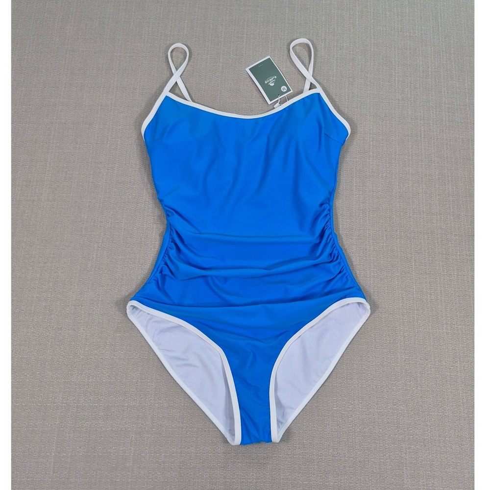 Eomenie Womens Blue Ruched One Piece Swimsuit Tummy Control White‎ Trim Medium